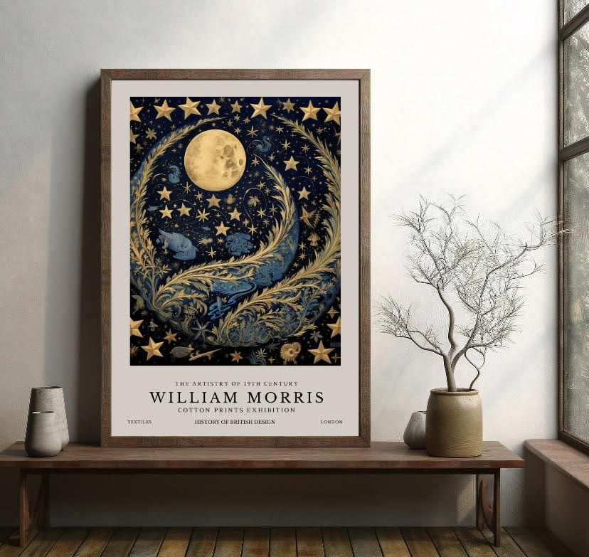 Navy Blue Moon and Stars Print by William Morris