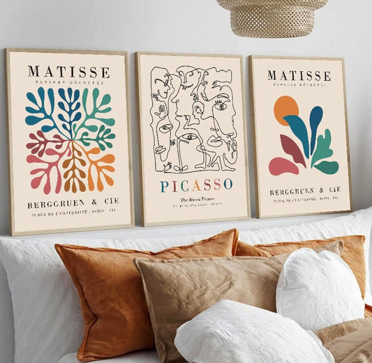 Vibrant Abstract Wall Art Set: Three Pieces Inspired by Henri Matisse and Picasso