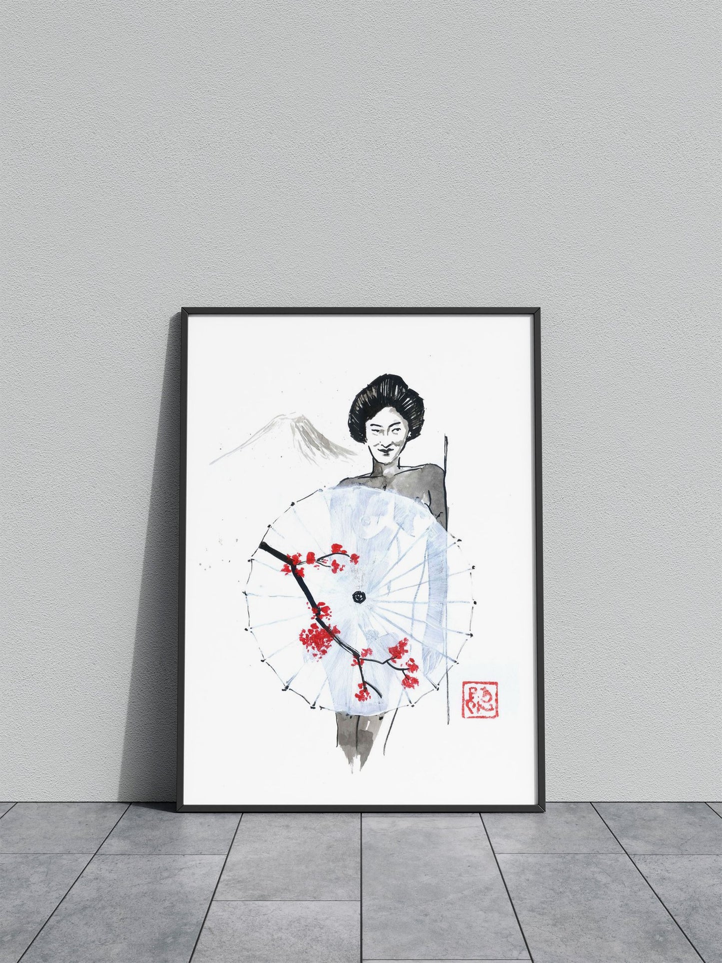 naked geisha umbrella fuji Asian Style Poster |  Wall Art for Home & Office | High-Quality Print - High-Quality Visual Display