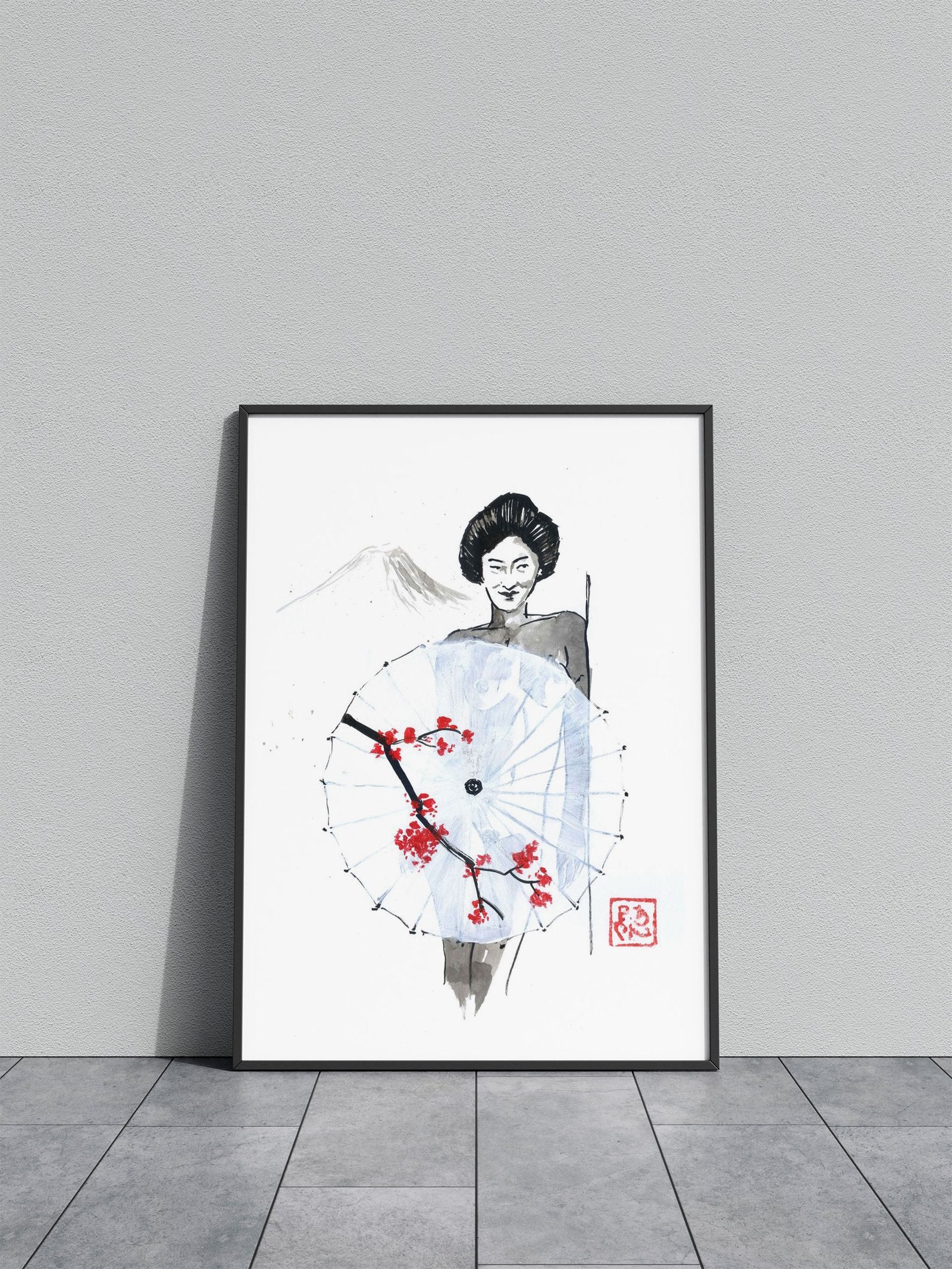 naked geisha umbrella fuji Asian Style Poster |  Wall Art for Home & Office | High-Quality Print - High-Quality Visual Display