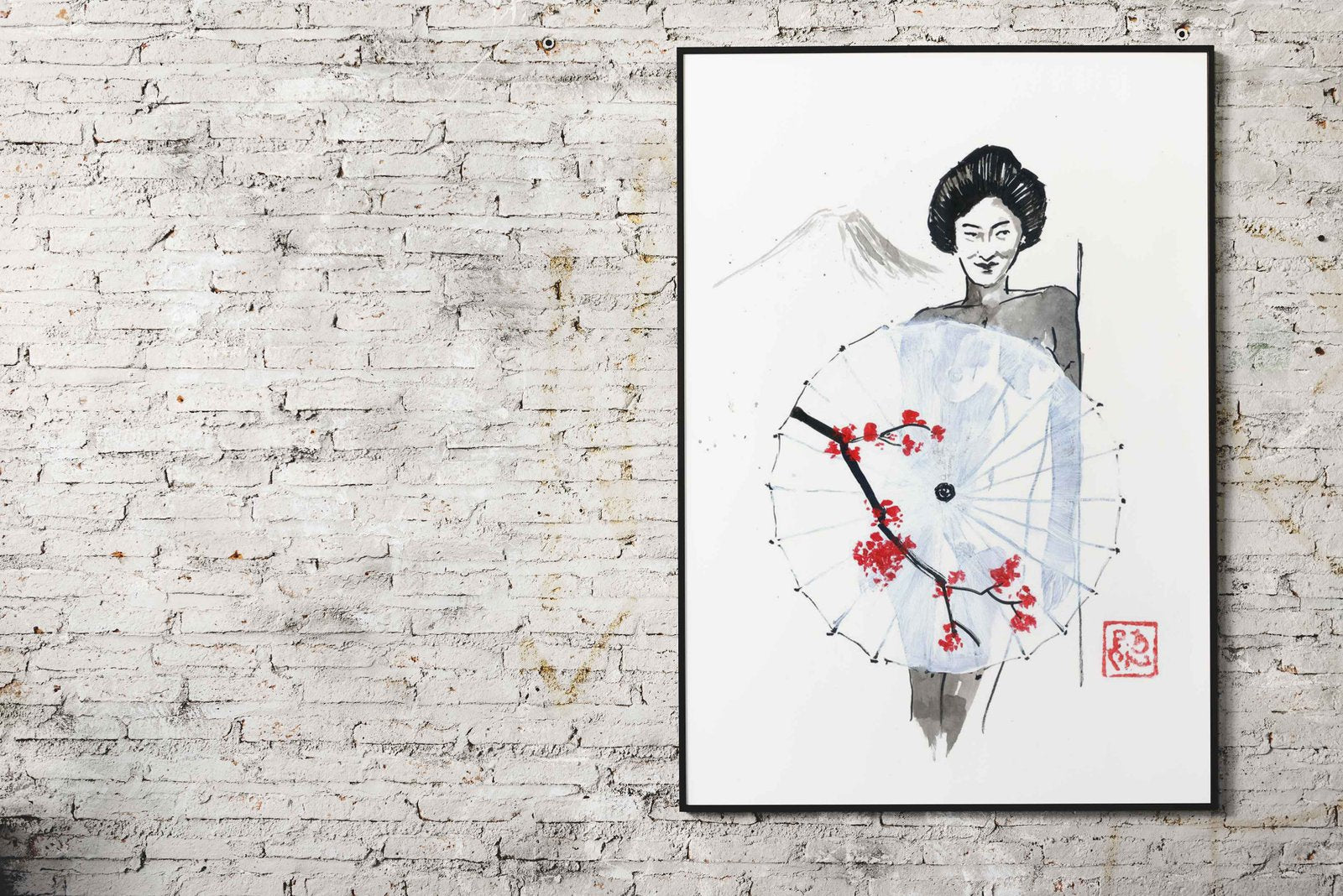 naked geisha umbrella fuji Asian Style Poster |  Wall Art for Home & Office | High-Quality Print - High-Quality Visual Display