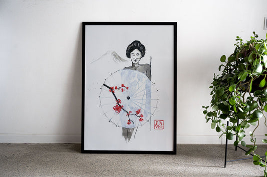 naked geisha umbrella fuji Asian Style Poster |  Wall Art for Home & Office | High-Quality Print - High-Quality Visual Display