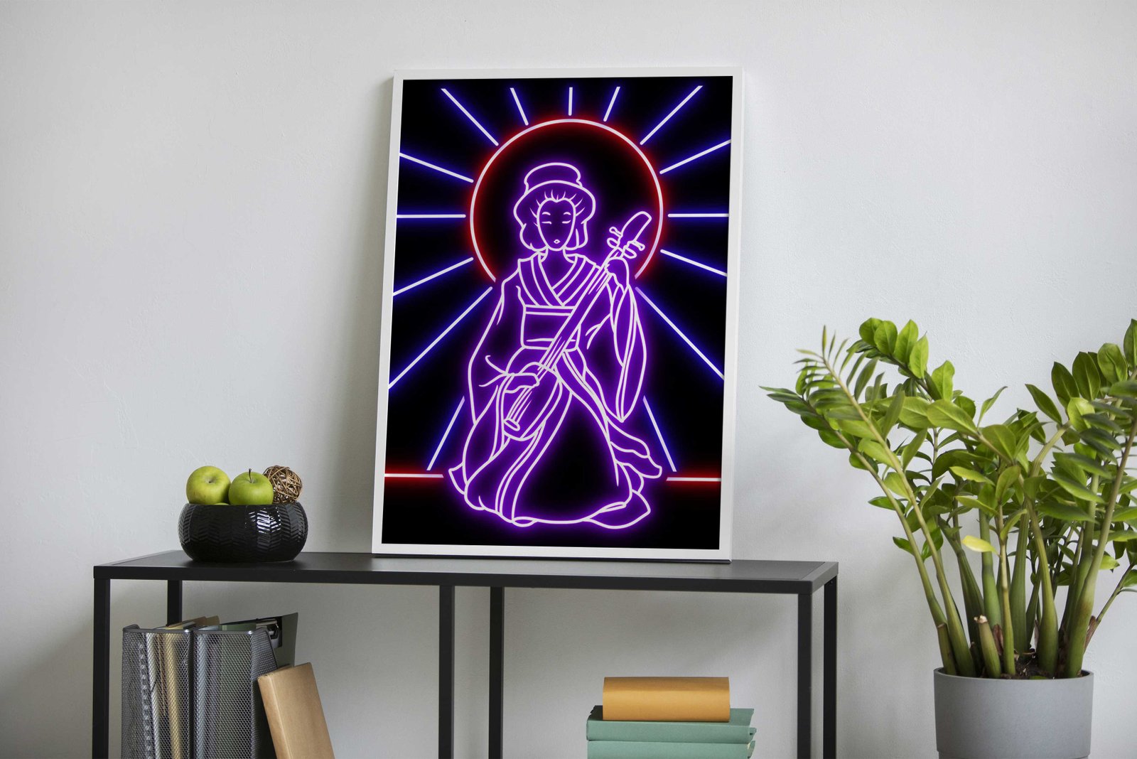 neon geisha play guitar Asian Style Poster | W all Art for Home & Office | High-Quality Print - High-Quality Visual Display
