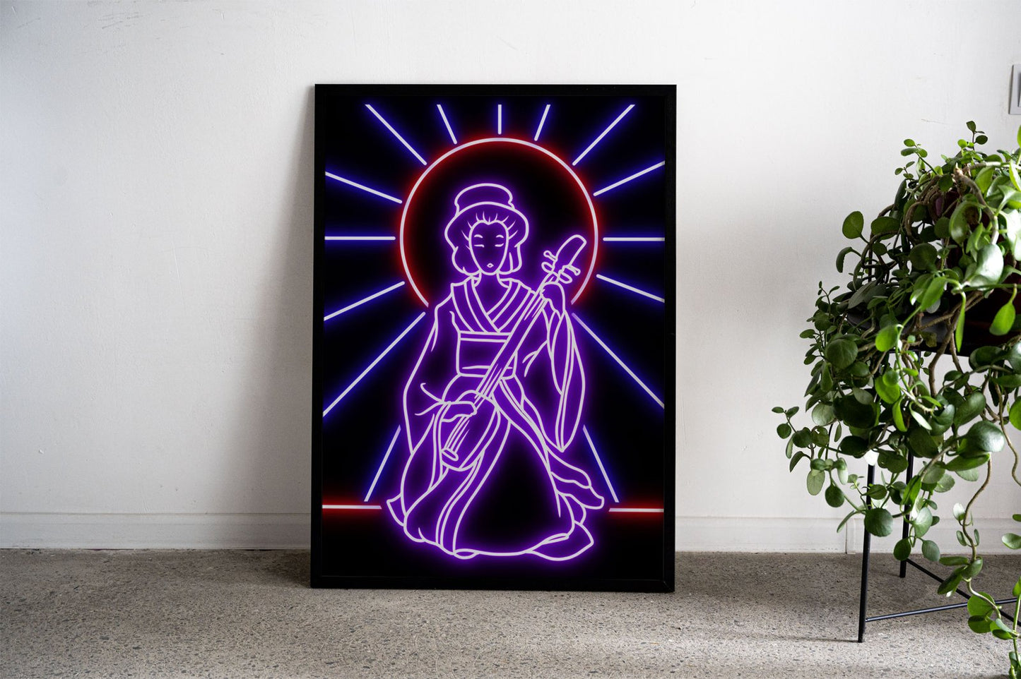 neon geisha play guitar Asian Style Poster | W all Art for Home & Office | High-Quality Print - High-Quality Visual Display