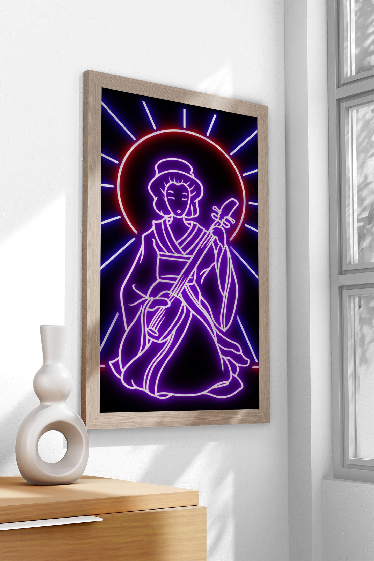 neon geisha play guitar Asian Style Poster | W all Art for Home & Office | High-Quality Print - High-Quality Visual Display