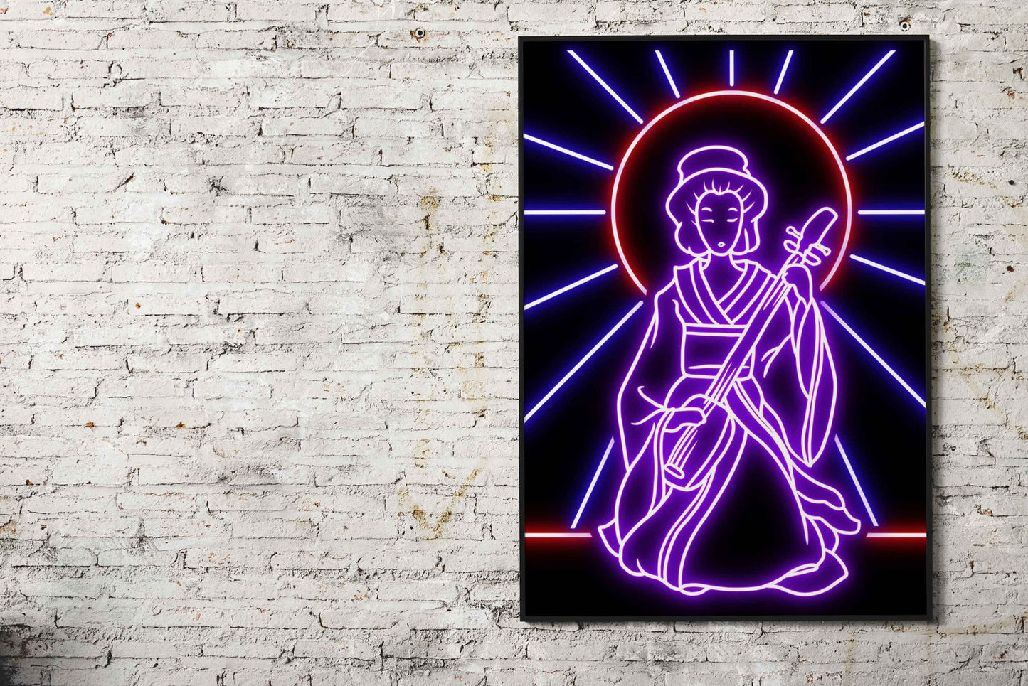 neon geisha play guitar Asian Style Poster | W all Art for Home & Office | High-Quality Print - High-Quality Visual Display