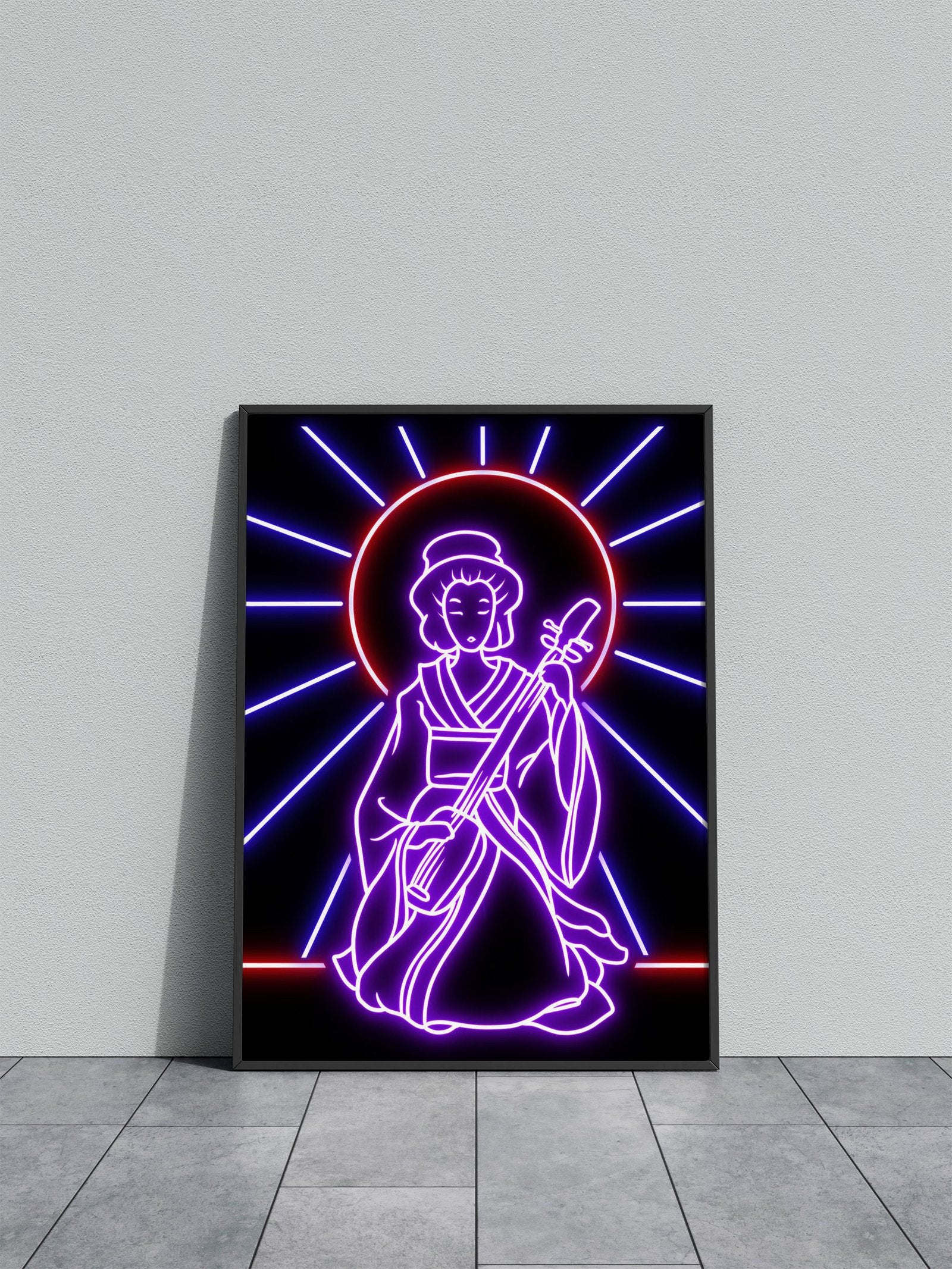 neon geisha play guitar Asian Style Poster | W all Art for Home & Office | High-Quality Print - High-Quality Visual Display