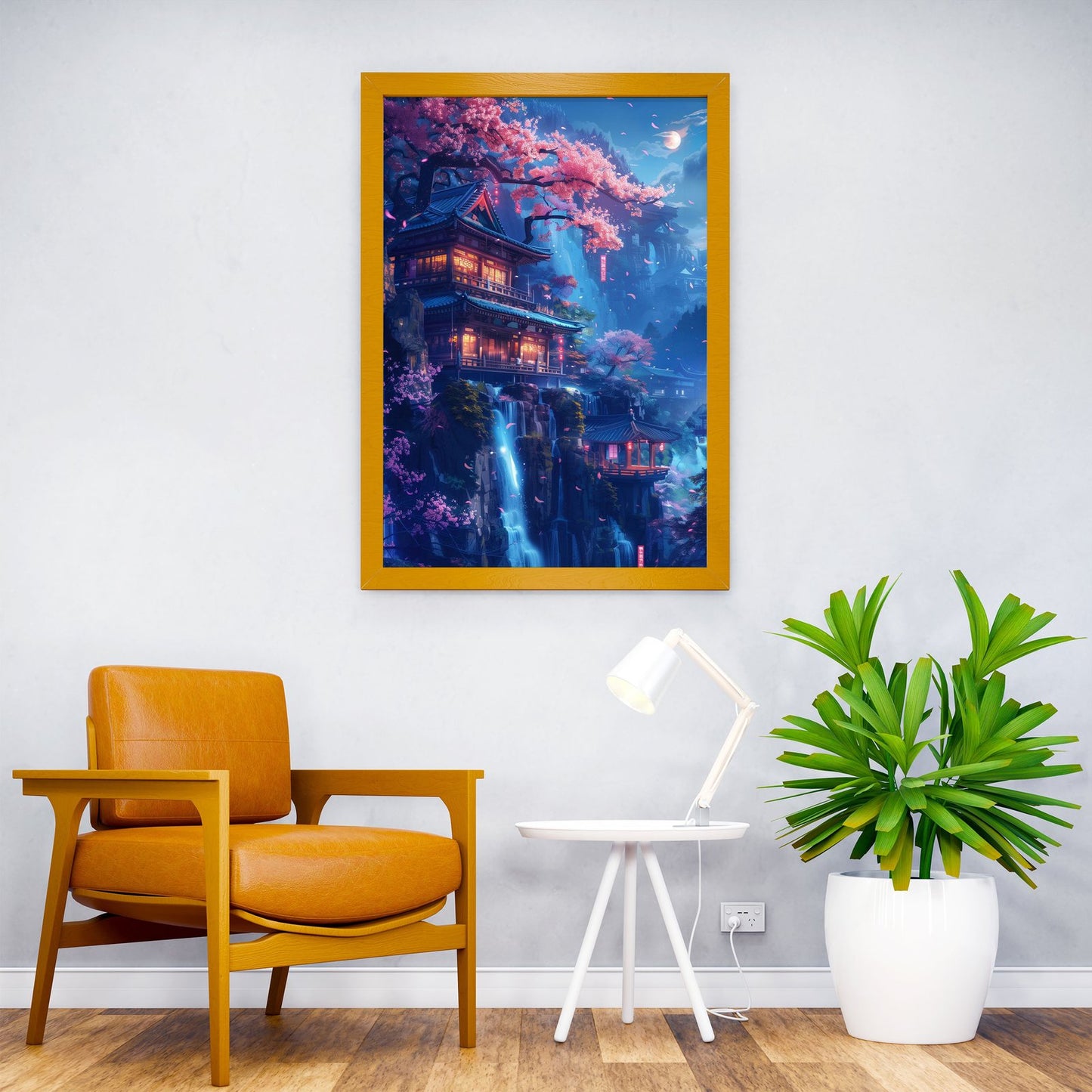 Neon waterfall tample Asian Style Poster | Wal l Art for Home & Office | High-Quality Print - High-Quality Visual Display