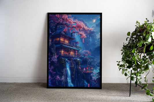 Neon waterfall tample Asian Style Poster | Wal l Art for Home & Office | High-Quality Print - High-Quality Visual Display