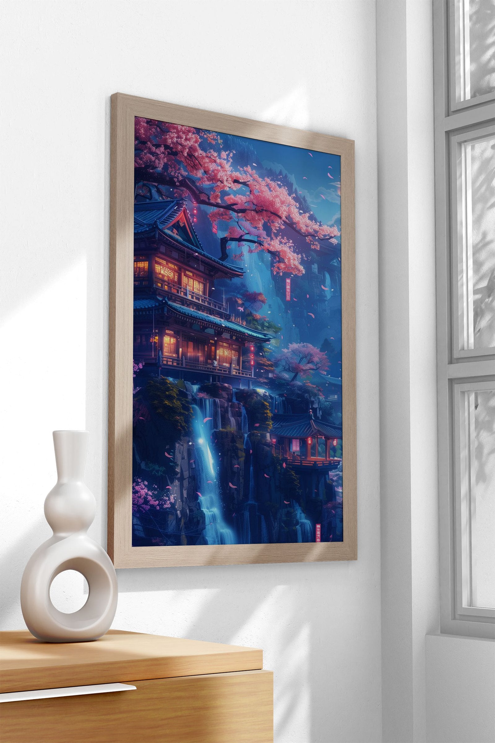 Neon waterfall tample Asian Style Poster | Wal l Art for Home & Office | High-Quality Print - High-Quality Visual Display