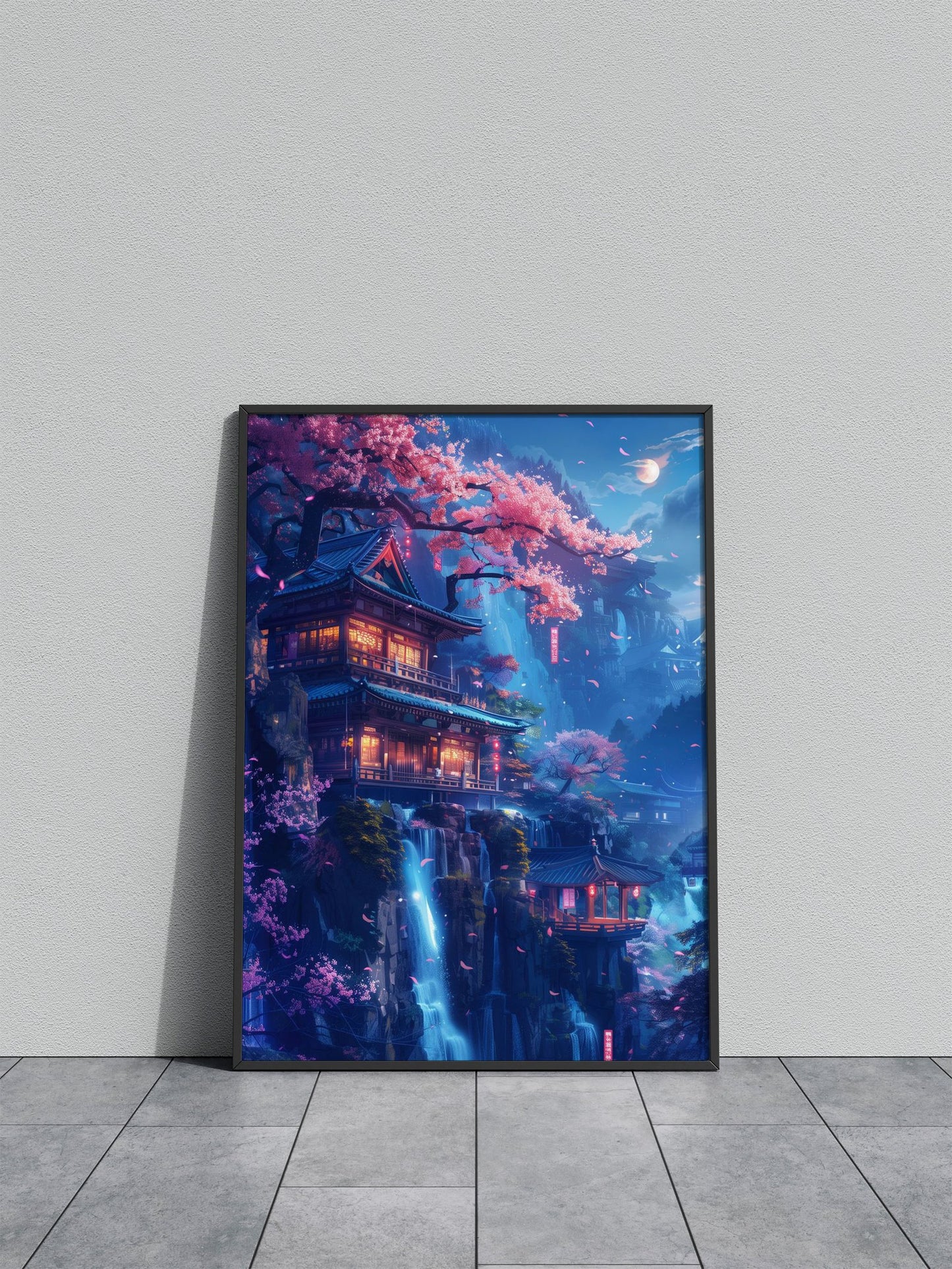 Neon waterfall tample Asian Style Poster | Wal l Art for Home & Office | High-Quality Print - High-Quality Visual Display