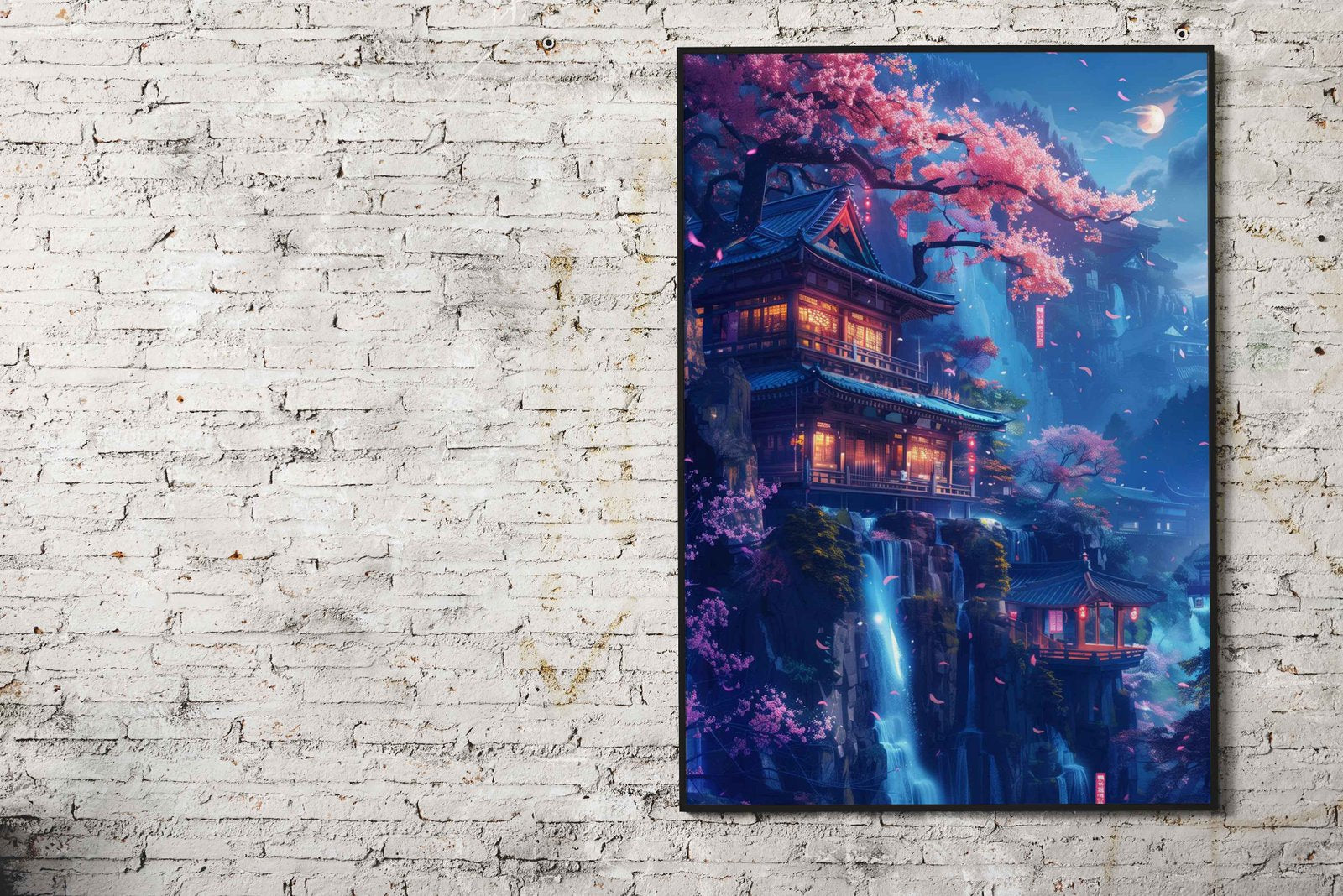 Neon waterfall tample Asian Style Poster | Wal l Art for Home & Office | High-Quality Print - High-Quality Visual Display