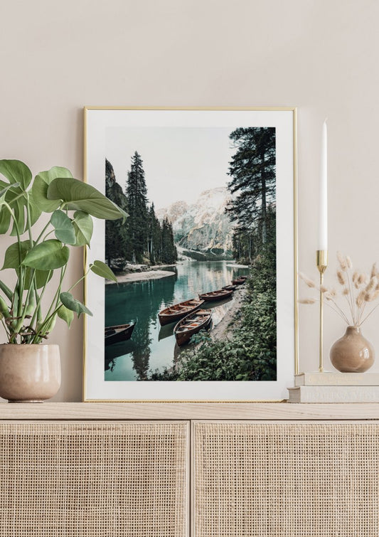 Watercolor boats with mountain view poster for nursery and home wall decor.