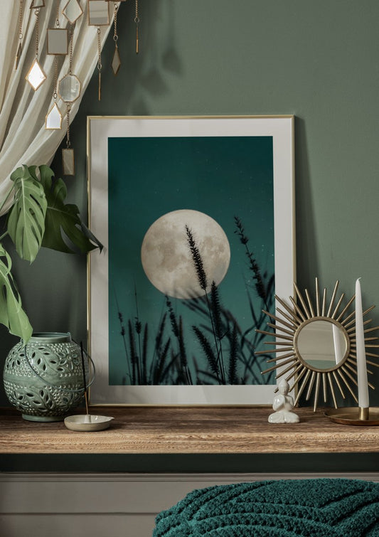 Watercolor wild grass and full moon poster for nursery and home wall decor.