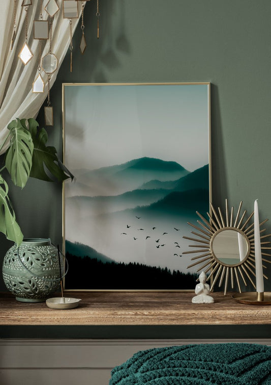 Watercolor birds over mountain poster for nursery and home wall decor.
