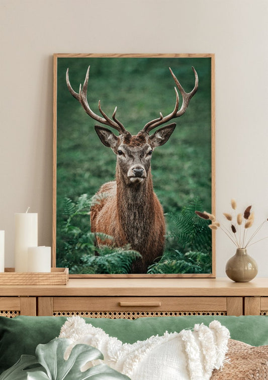 Watercolor majestic stag poster for nursery and home wall decor.