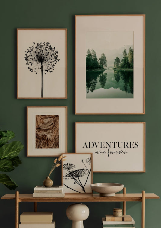 Watercolor foggy forest reflection poster for nursery and home wall decor.