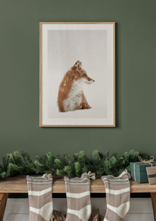 Watercolor fox in snow poster for nursery and home wall decor.