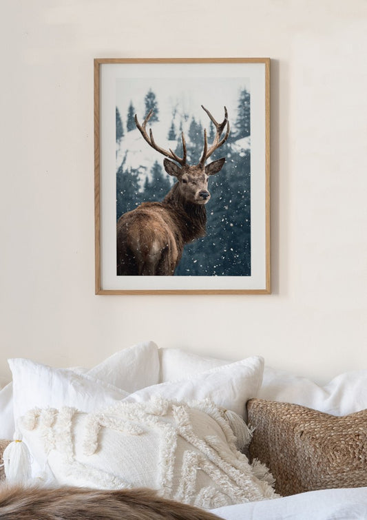 Watercolor red deer in snow poster for nursery and home wall decor.