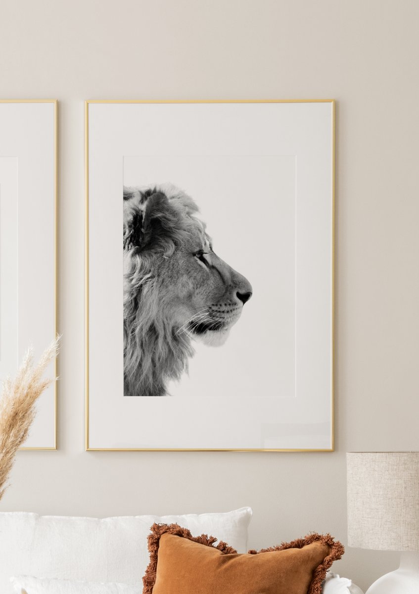 Watercolor lion profile poster for nursery and home wall decor.