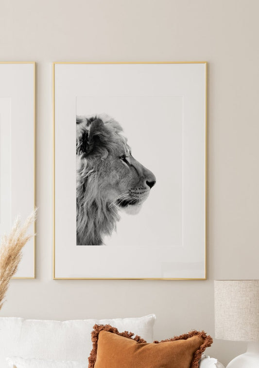 Watercolor lion profile poster for nursery and home wall decor.