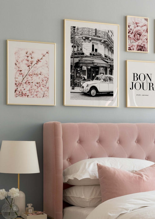 Watercolor blooming pink roses poster for nursery and home wall decor.