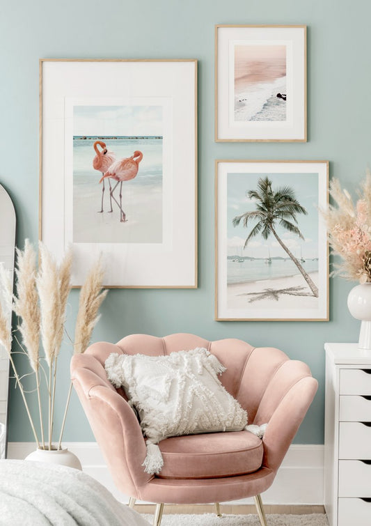 Watercolor caribbean palm tree poster for nursery and home wall decor.