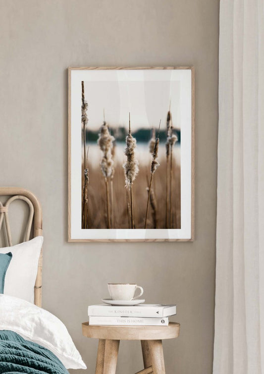 Watercolor dried reedmace poster for nursery and home wall decor.