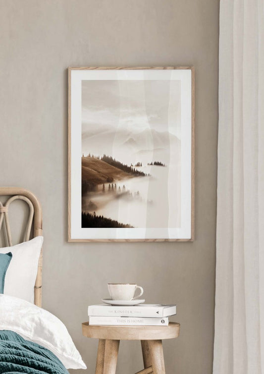 Watercolor valley mist poster for nursery and home wall decor.