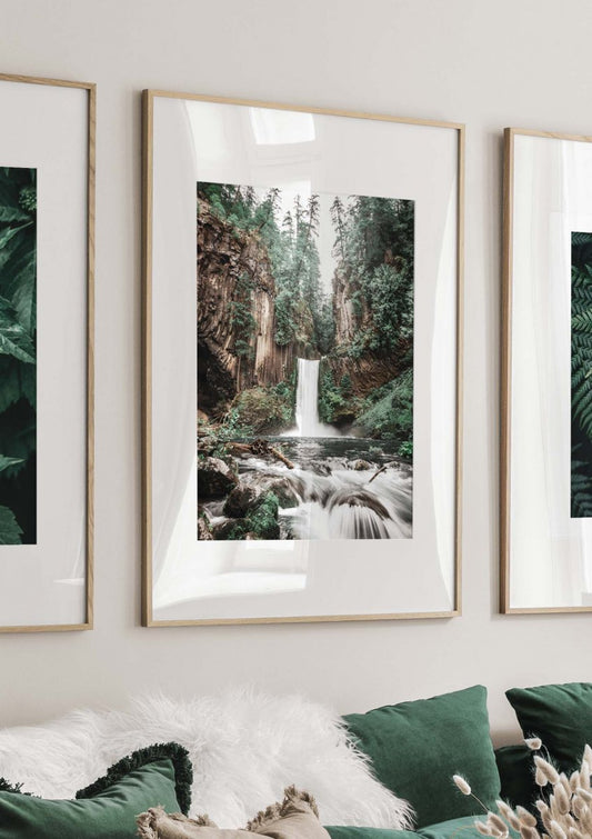 Watercolor forest waterfall poster for nursery and home wall decor.
