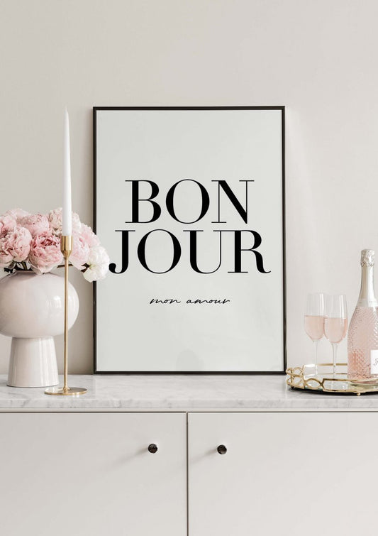 Watercolor bonjour mon amour poster for nursery and home wall decor.