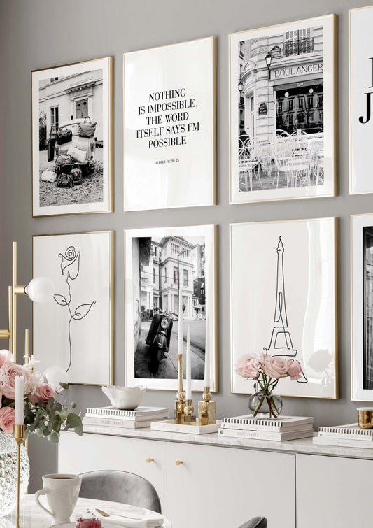 Watercolor eiffel tower line art poster for nursery and home wall decor.