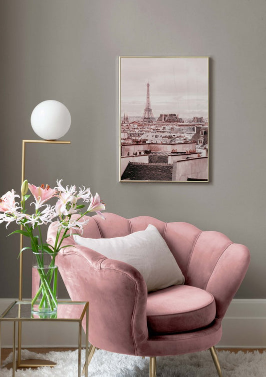 Watercolor pink paris poster for nursery and home wall decor.
