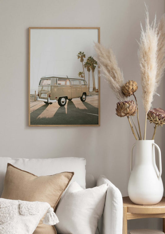 Watercolor beach van poster for nursery and home wall decor.