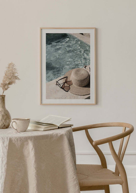 Watercolor beach hat poster for nursery and home wall decor.