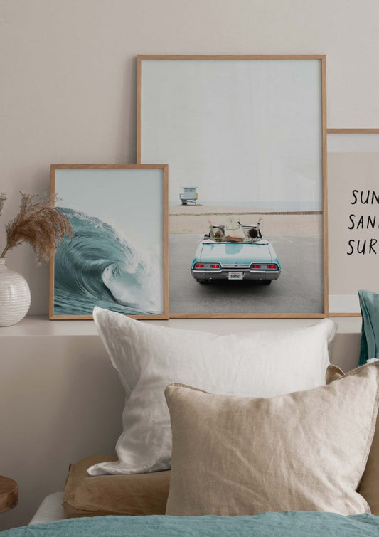 Watercolor sun sand surf poster for nursery and home wall decor.