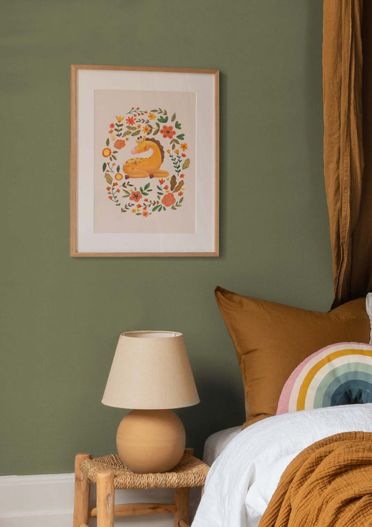 Watercolor baby giraffe poster for nursery and home wall decor.