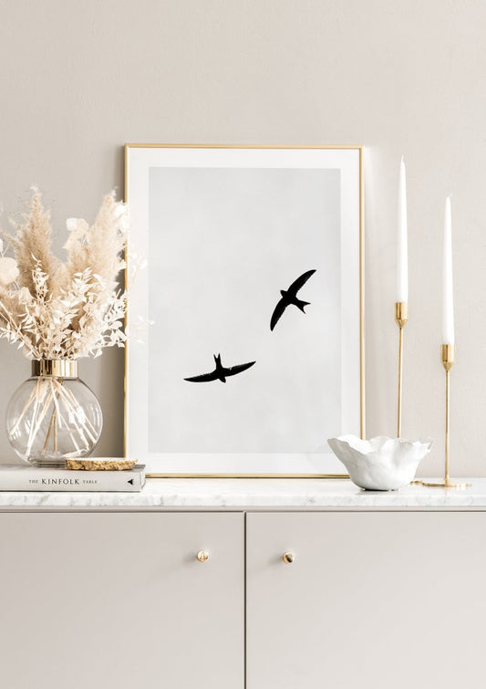 Watercolor birds above poster for nursery and home wall decor.