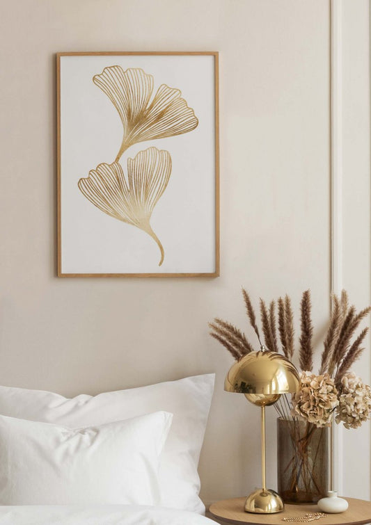 Watercolor gold ginkgo poster for nursery and home wall decor.