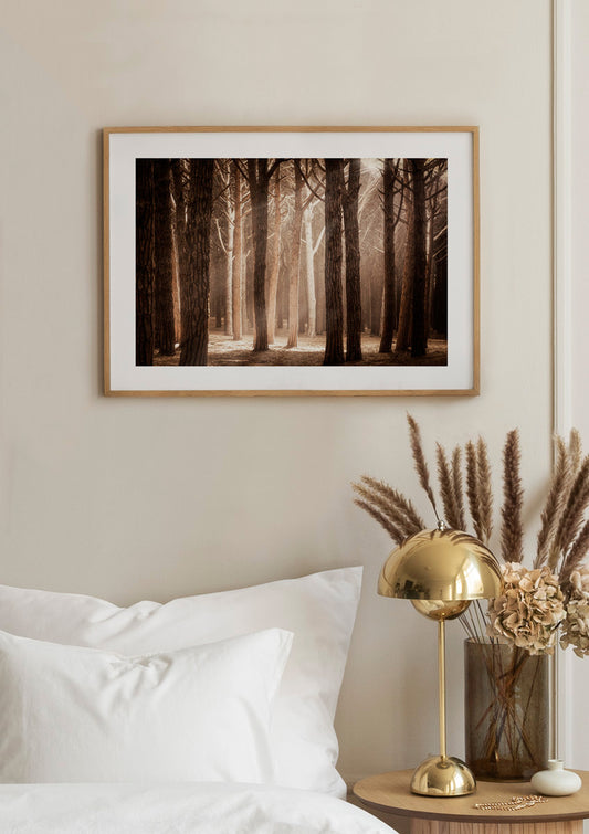 Watercolor magical forest sunlight poster for nursery and home wall decor.