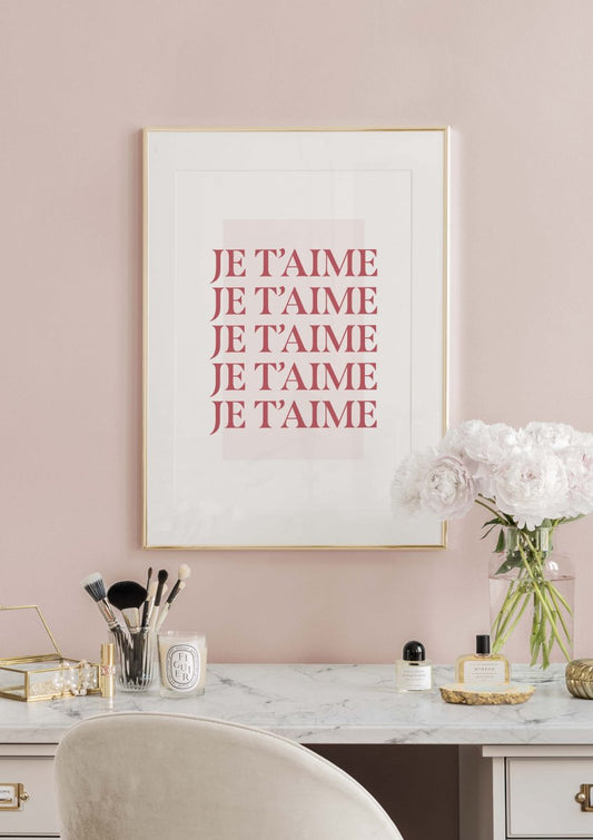 Watercolor je t’aime poster for nursery and home wall decor.