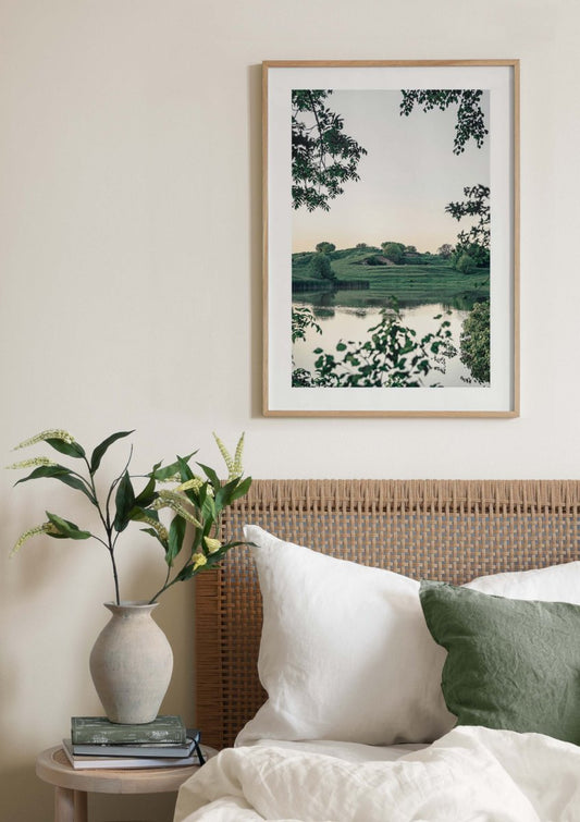 Watercolor evening landscape poster for nursery and home wall decor.