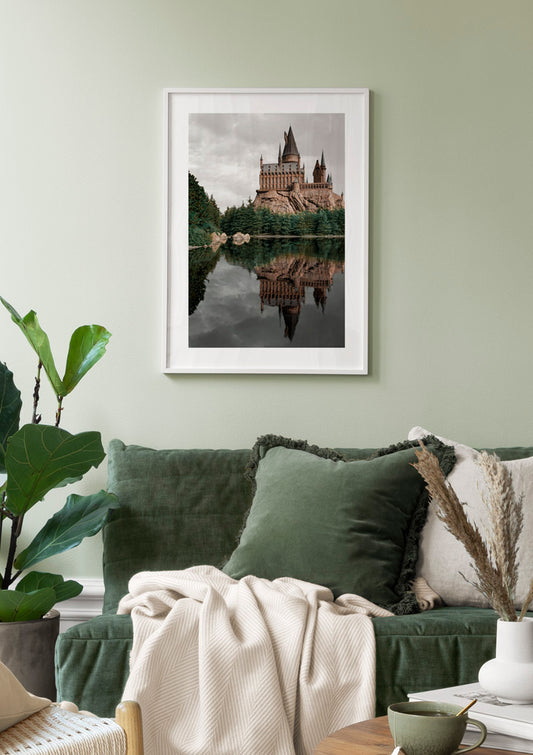 Watercolor magic castle reflection poster for nursery and home wall decor.