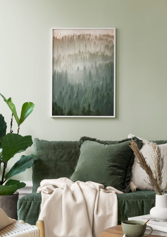 Watercolor mist over the treetops poster for nursery and home wall decor.