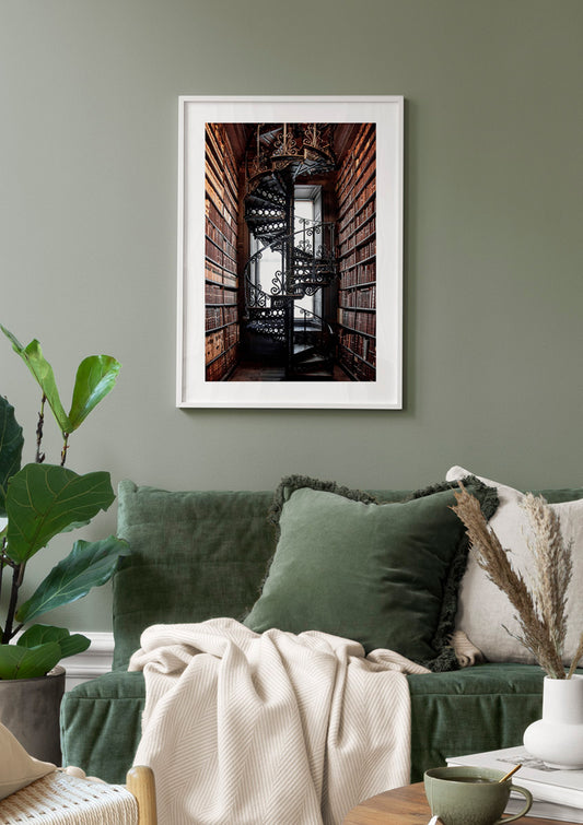 Watercolor library staircase poster for nursery and home wall decor.