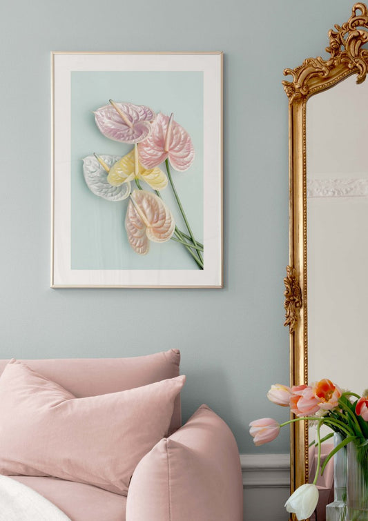 Watercolor shimmery flowers poster for nursery and home wall decor.