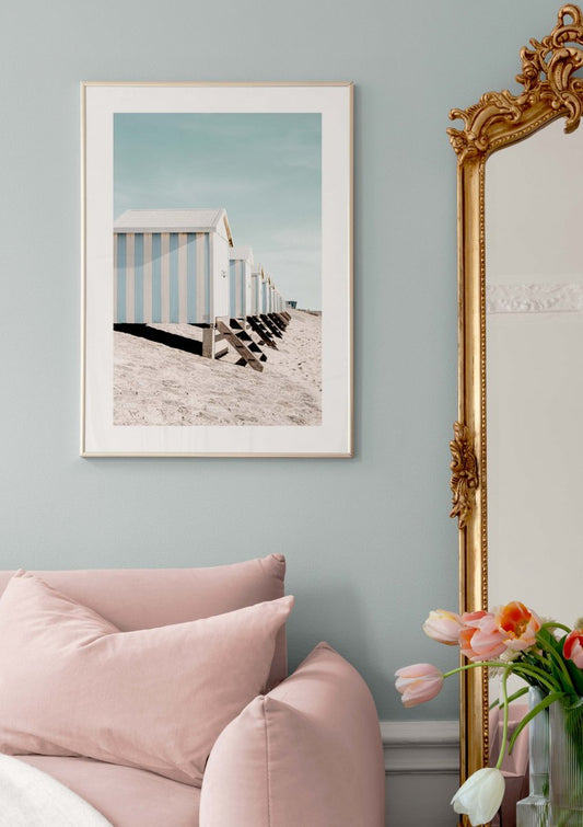 Watercolor blue beach huts poster for nursery and home wall decor.