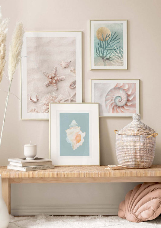 Watercolor graphic seashell poster for nursery and home wall decor.