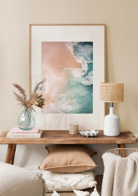Watercolor turquoise sea from above poster for nursery and home wall decor.
