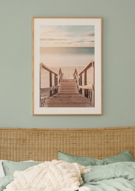 Watercolor sunrise beach stairs poster for nursery and home wall decor.